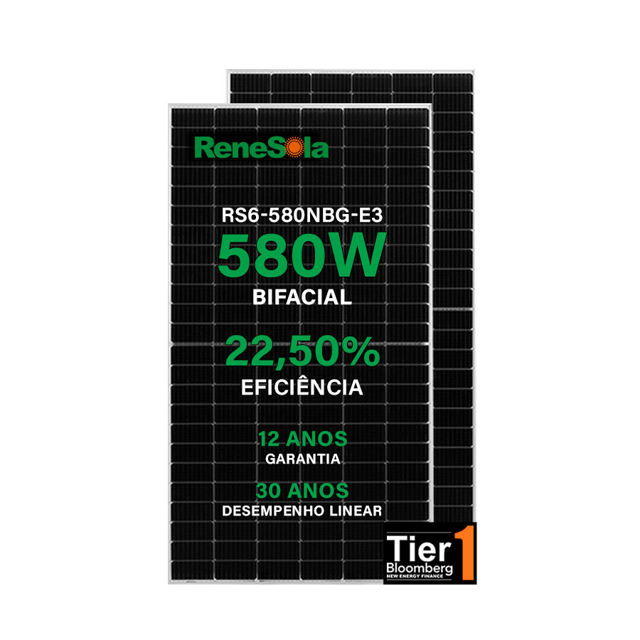 Módulo Fotovoltaico Renesola 580W Bifacial RS6-580NBG-E3 Monocristalino Halfcell