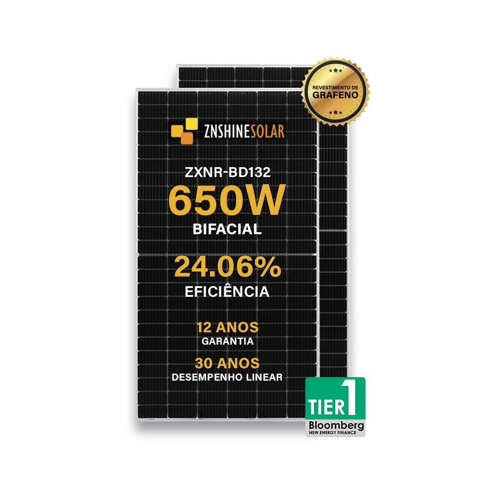 Módulo Fotovoltaico Znshine Solar 650W Bifacial ZXNR-BD132-650 Monocristalino Halfcell